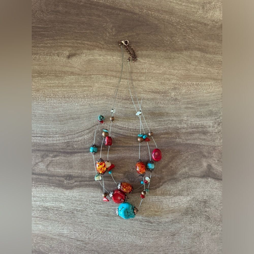 Multi-Strand Multi-colored Turquoise Beaded Boho Necklace Artisan Craftet